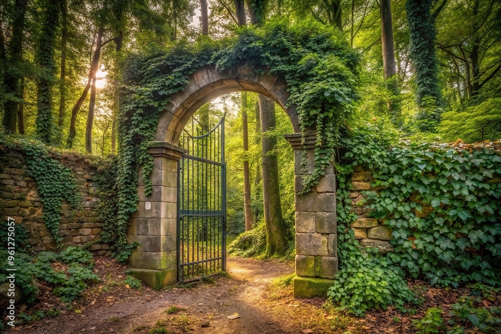 Ancient Roman gate covered in ivy in forest Ancient Roman gate covered in ivy in forest