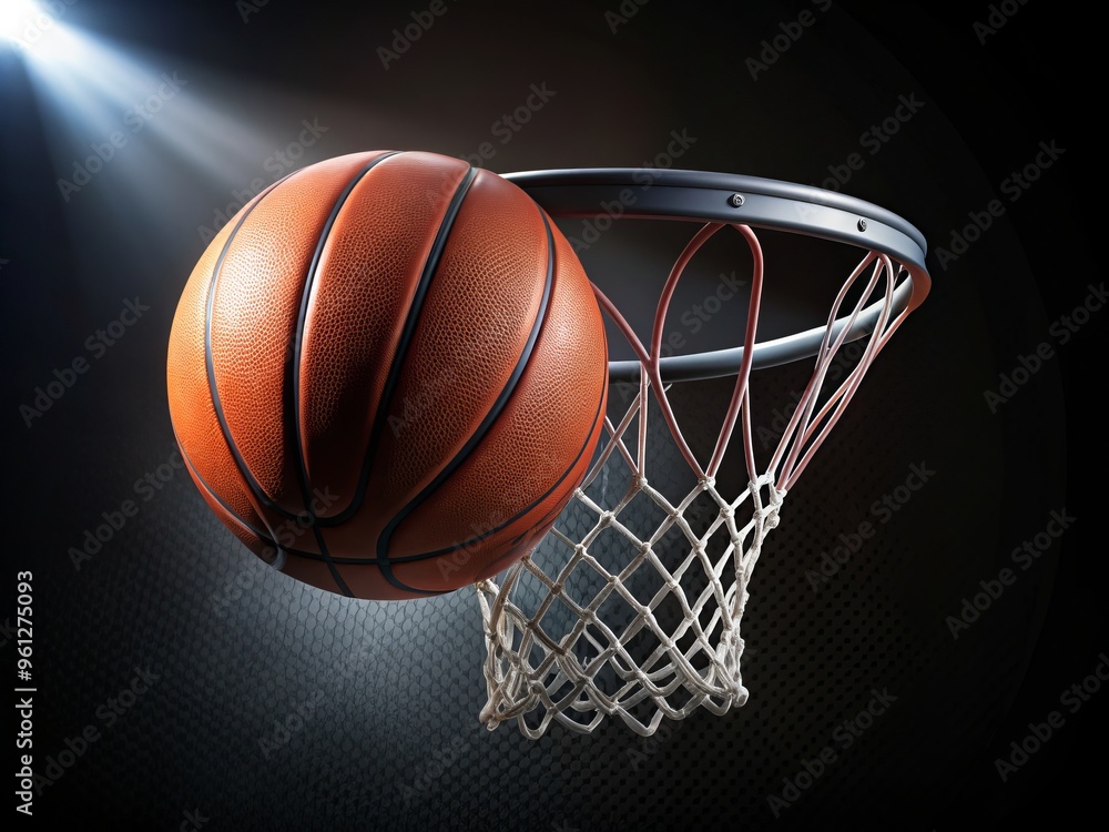 A basketball hovers effortlessly in mid-air above a hoop, awaiting the shot, set against a transparent background for A basketball hovers effortlessly in mid-air above a hoop, awaiting the shot, set against a transparent background for