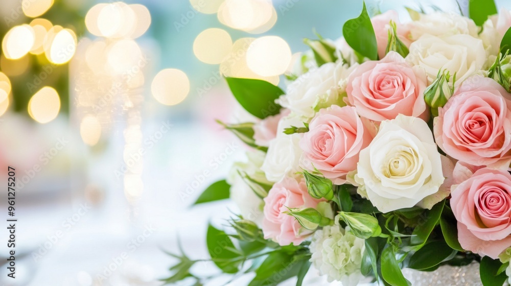 Elegant wedding table decoration featuring a stunning bouquet of blush and white roses Elegant wedding table decoration featuring a stunning bouquet of blush and white roses