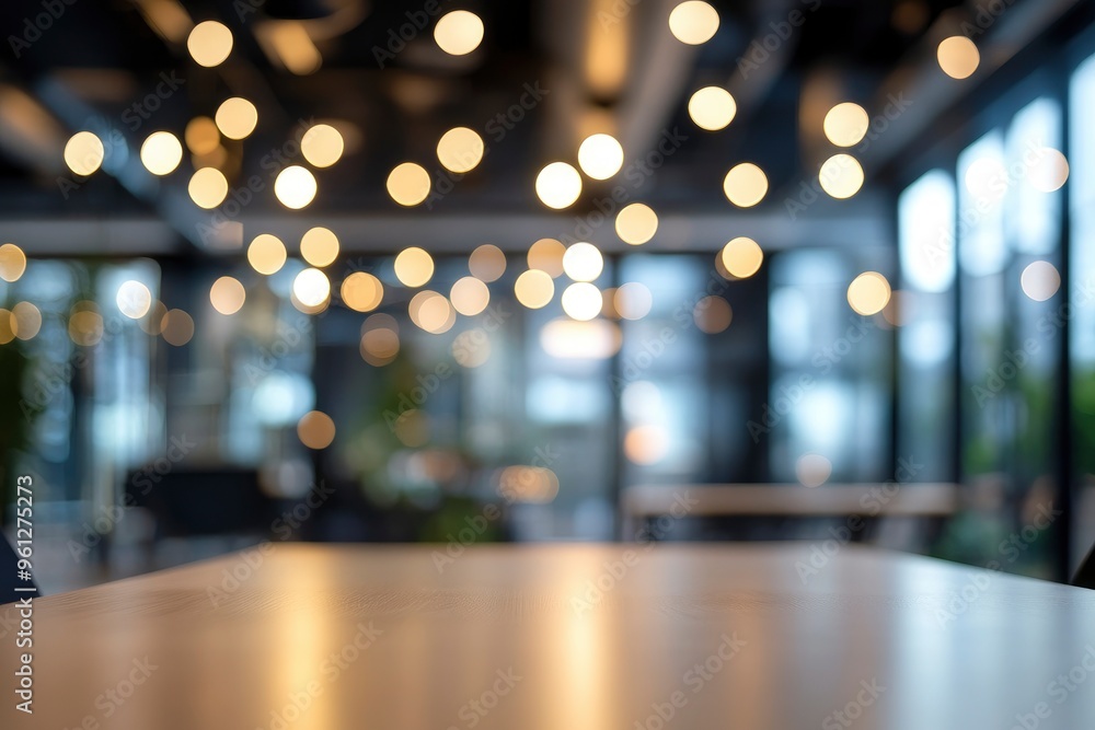 Blurred empty open space office. Abstract light bokeh at office interior background, ai Blurred empty open space office. Abstract light bokeh at office interior background, ai
