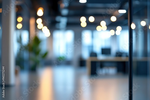 Blurred empty open space office. Abstract light bokeh at office interior background, ai
