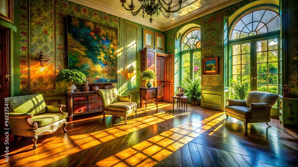 Dappled sunlight streams through the window, creating a striking interplay of light and shadow on the walls, furniture, and floor, with vivid colors and precise details. Dappled sunlight streams through the window, creating a striking interplay of light and shadow on the walls, furniture, and floor, with vivid colors and precise details.