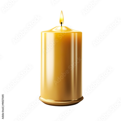 A burning golden candle isolated on transparent and white background