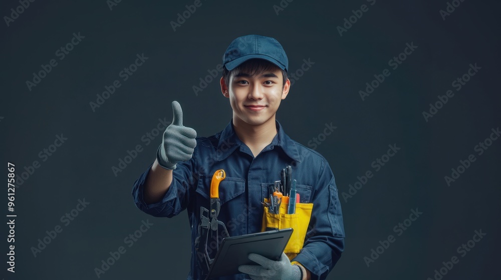A man in a blue shirt is holding a tablet and giving a thumbs up A man in a blue shirt is holding a tablet and giving a thumbs up