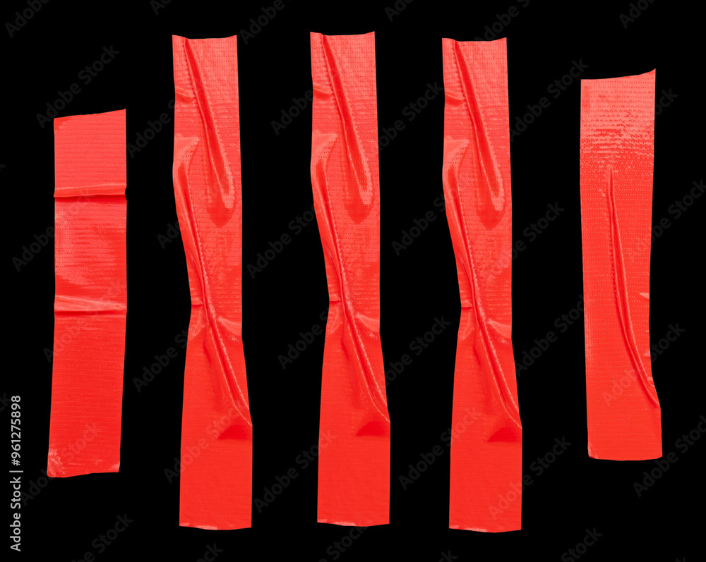 Top view set of red adhesive vinyl tape or cloth tape in stripes isolated on black background with clipping path Top view set of red adhesive vinyl tape or cloth tape in stripes isolated on black background with clipping path