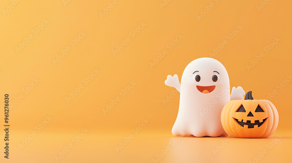 A cheerful ghost figure beside a Halloween pumpkin on a vibrant orange background, perfect for festive decoration. A cheerful ghost figure beside a Halloween pumpkin on a vibrant orange background, perfect for festive decoration.