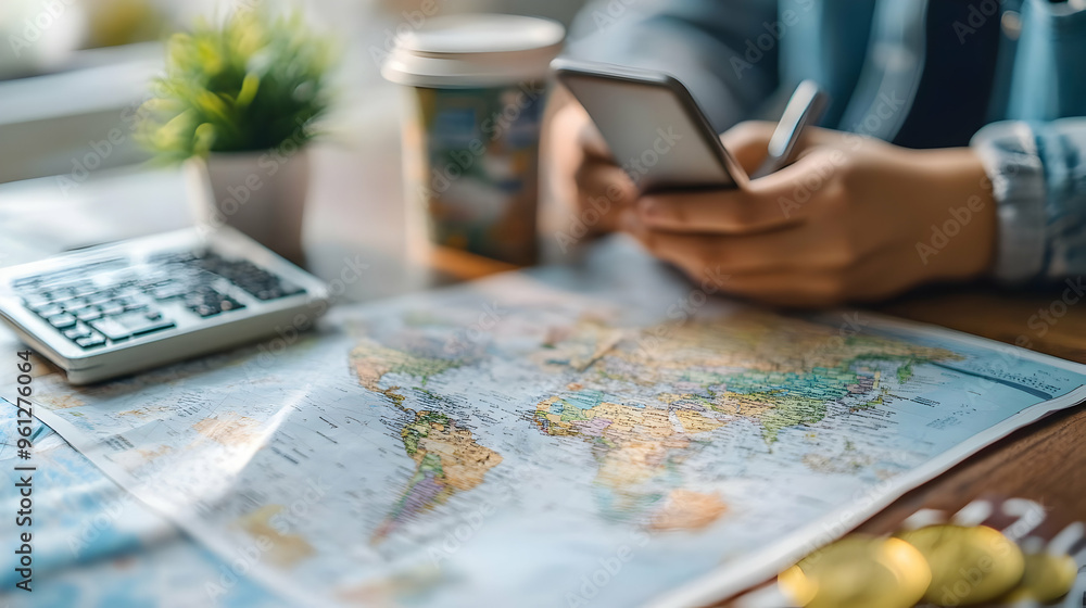 A person using a smartphone over a world map and coffee. A person using a smartphone over a world map and coffee.