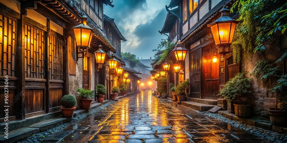 A mist-shrouded, lantern-lit alleyway's rain-soaked cobblestones mirror the soft, warm glow of ancient lanterns, atmosphere thick with history. A mist-shrouded, lantern-lit alleyway's rain-soaked cobblestones mirror the soft, warm glow of ancient lanterns, atmosphere thick with history.