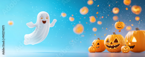 A cheerful ghost floats among glowing pumpkins, capturing a fun Halloween spirit in a colorful, festive atmosphere.