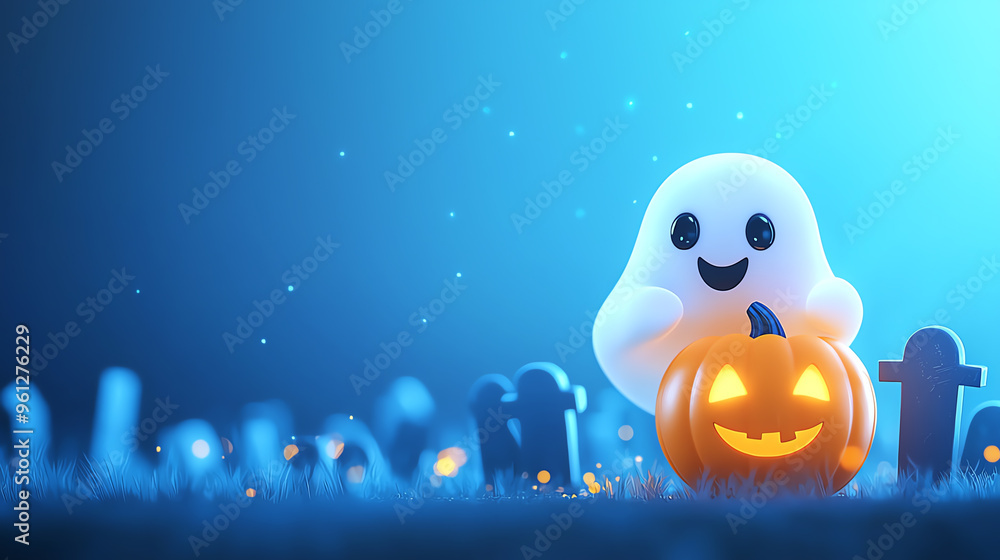 A cheerful ghost stands beside a carved pumpkin in a spooky graveyard, creating a festive Halloween atmosphere. A cheerful ghost stands beside a carved pumpkin in a spooky graveyard, creating a festive Halloween atmosphere.
