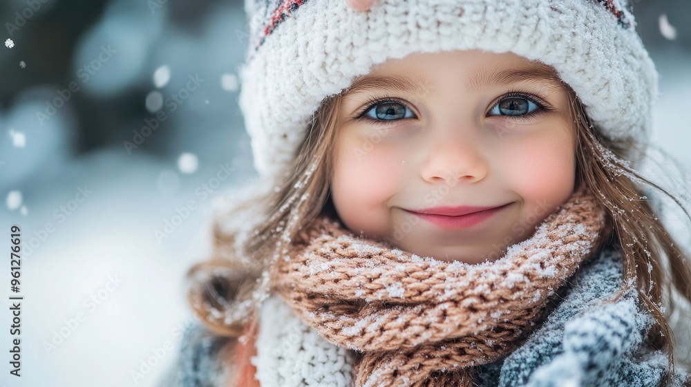 Little girl in a snowman costume with a scarf and hat, smiling on a frosty white background Little girl in a snowman costume with a scarf and hat, smiling on a frosty white background