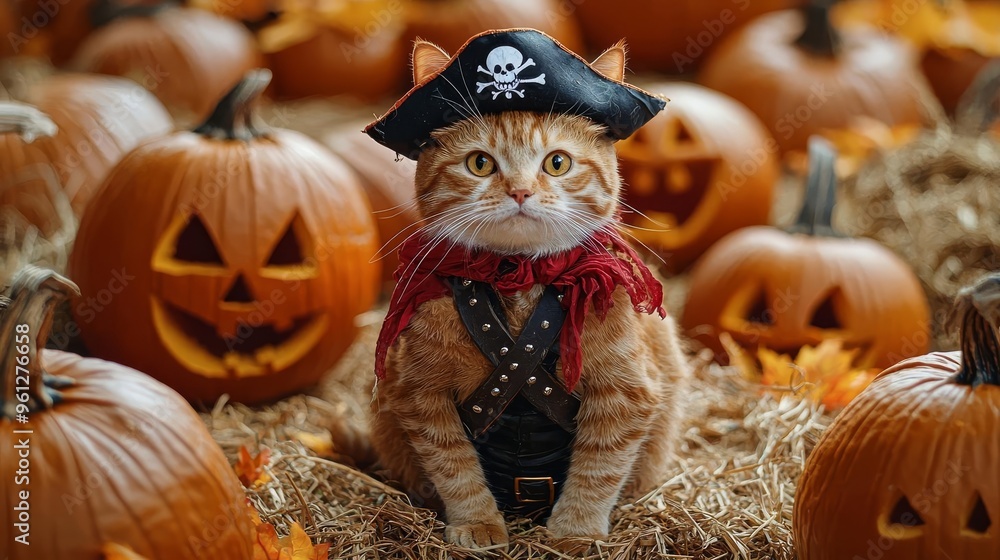 Naklejka premium Ginger cat wearing a pirate outfit sitting on a hay bale, surrounded by intricately carved pumpkins, festive fall background