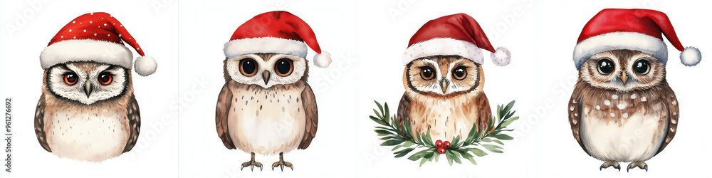 Obraz premium A boho owl wearing a Santa hat with feathers, watercolor illustration, neutral earthy tones, clipart style, isolated on white background