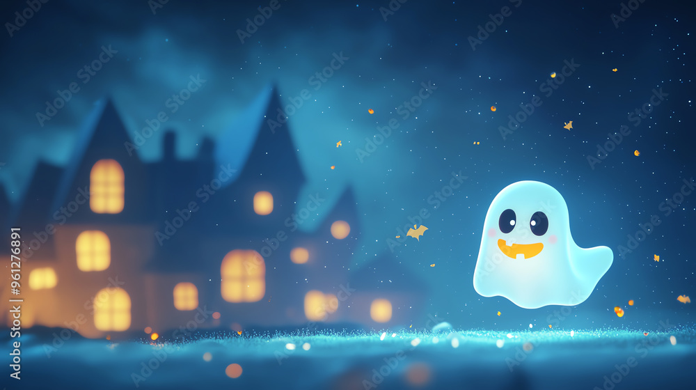 Fototapeta premium A cute, cartoonish ghost floats playfully in a magical, eerie setting with a spooky house in the background.