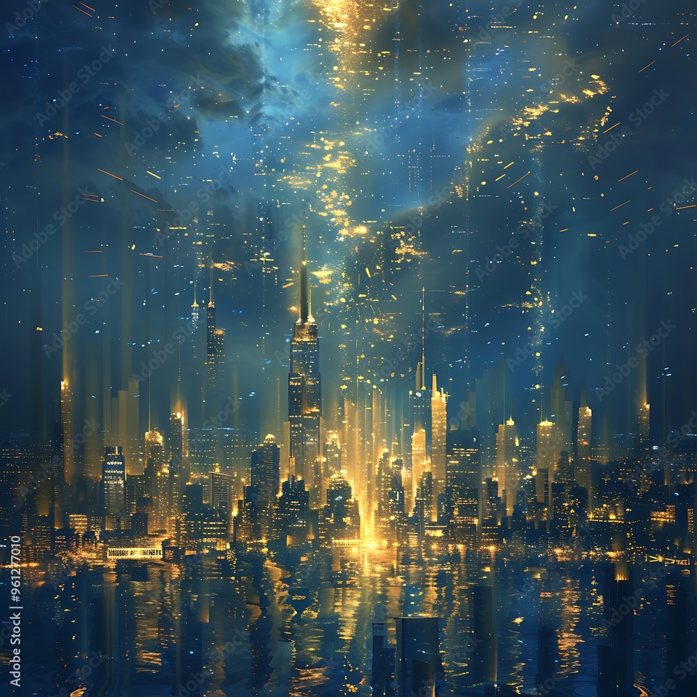 Obraz premium abstract scene of big city with skyscrapers in the night