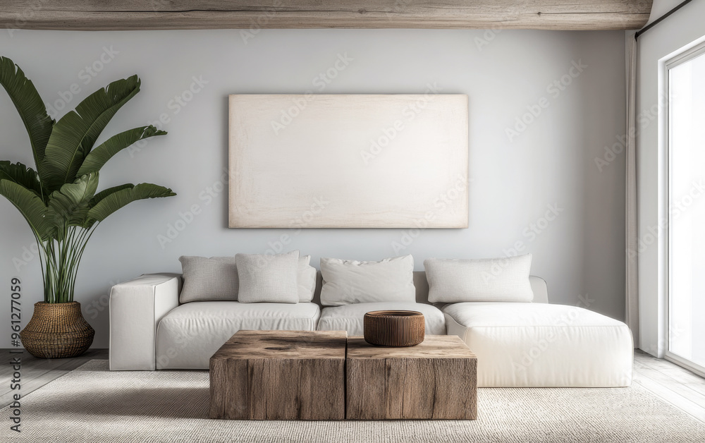 Naklejka premium Bright minimalist Scandinavian living room with a natural wood table, bold artwork and a sofa