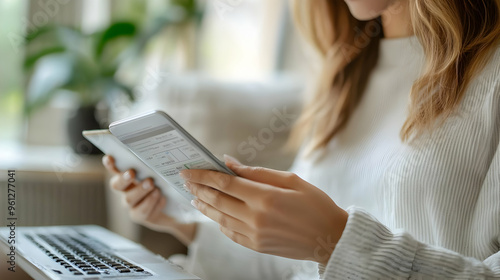 A person using a tablet and laptop in a cozy indoor setting.