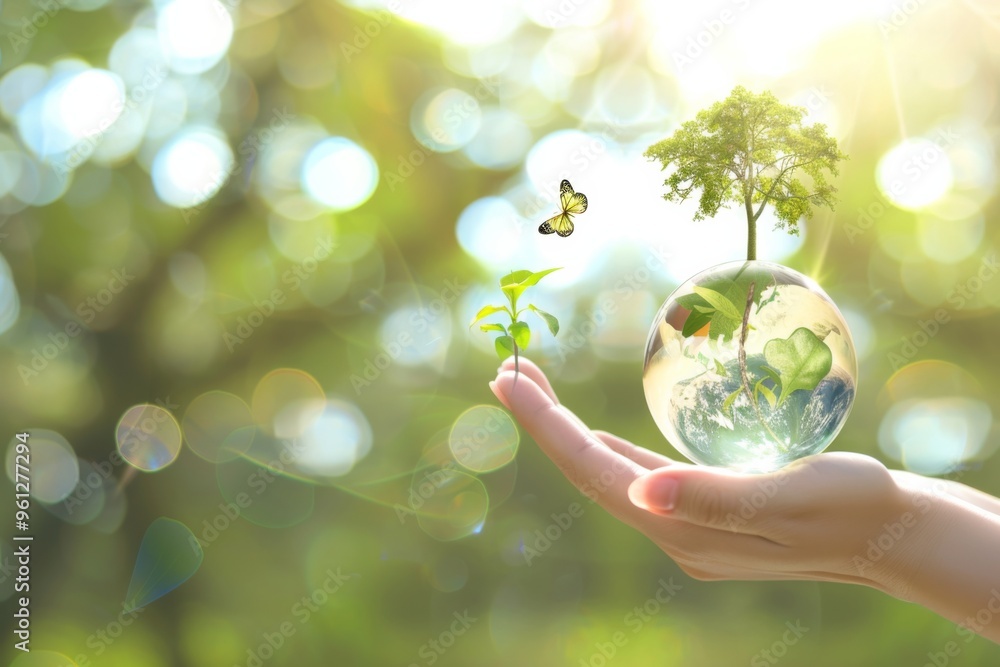 A glass globe reflecting Earths beauty in a hand with a growing tree and butterfly amidst a vibrant green backdrop A glass globe reflecting Earths beauty in a hand with a growing tree and butterfly amidst a vibrant green backdrop