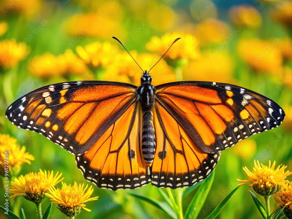 Obraz premium Vibrant orange and black monarch butterfly with delicate wings spread wide, perched on a bright yellow flower in a lush green meadow landscape.