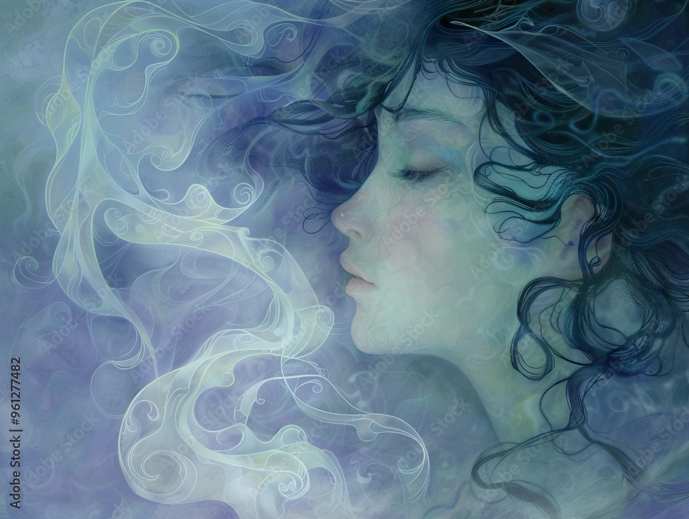 A dreamy illustration of a woman with flowing hair and wisps of smoke. A dreamy illustration of a woman with flowing hair and wisps of smoke.