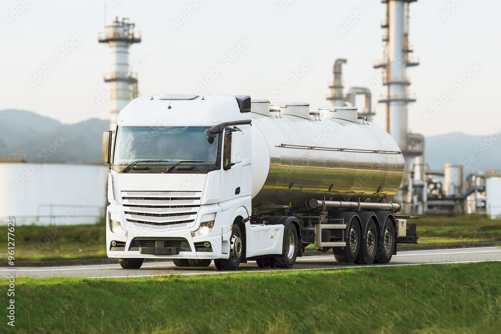 Truck with fuel at the plant. Chemical Industry, Storage Tank And Tanker Truck In Industrial Plant Truck with fuel at the plant. Chemical Industry, Storage Tank And Tanker Truck In Industrial Plant