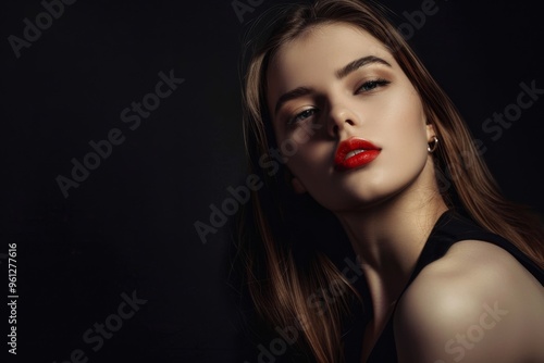 Elegant fashion model showcasing high fashion in a dramatic studio setting, highlighted by light and shadow against a black backdrop