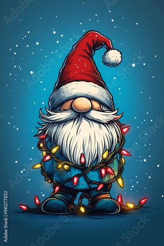 christmas background with gnome wrapped in garlands