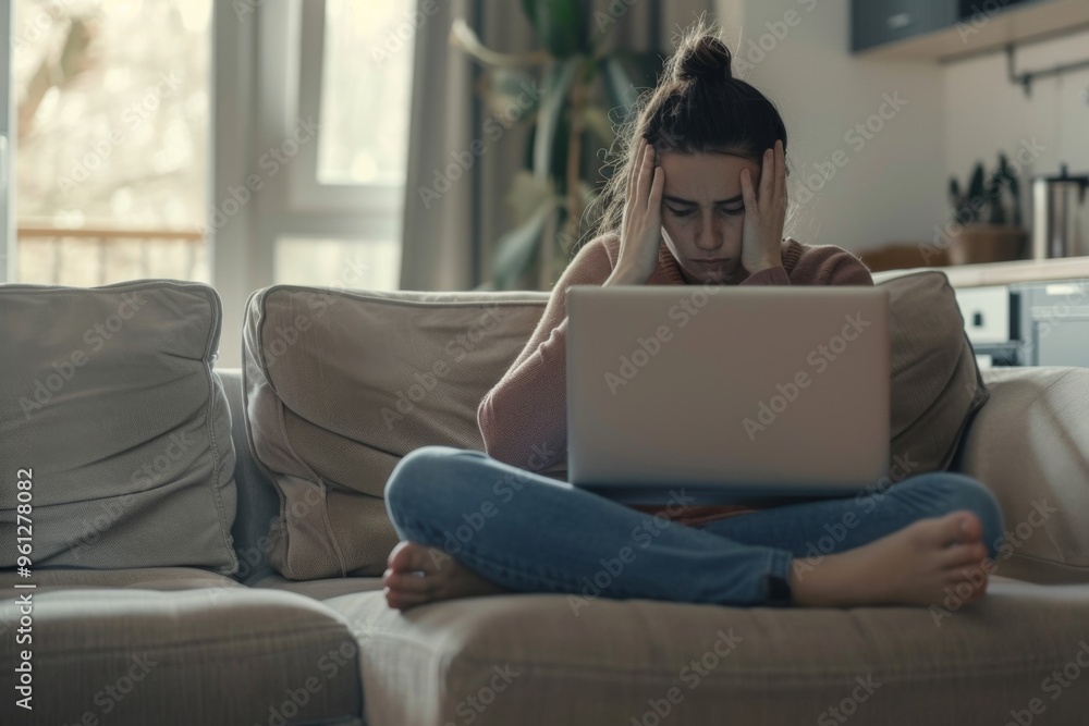 Frustrated woman sitting on sofa with laptop, overwhelmed by negative news about debt and feeling anxious at home Frustrated woman sitting on sofa with laptop, overwhelmed by negative news about debt and feeling anxious at home