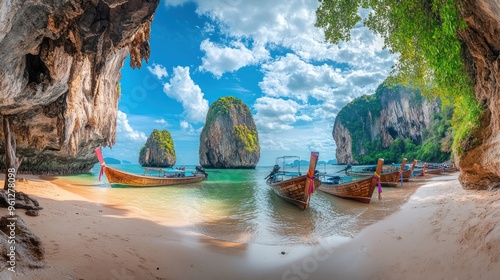 Three boats are docked on a beach next to a body of water photo