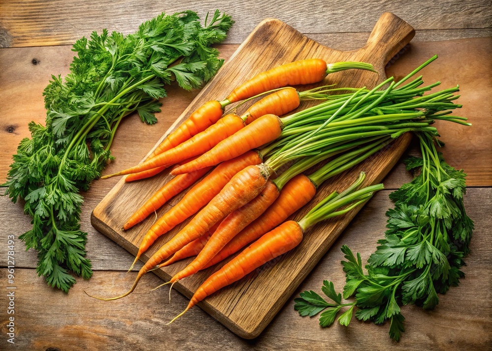 Vibrant orange carrots with leafy green tops, artfully arranged on a rustic wooden cutting board, surrounded by fresh herbs, on a warm beige background. Vibrant orange carrots with leafy green tops, artfully arranged on a rustic wooden cutting board, surrounded by fresh herbs, on a warm beige background.