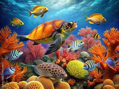 Vibrant orange coral reef scene featuring diverse marine life, including sea turtles, angelfish, and butterflyfish swimming amidst waving sea fans and colorful seaweed. photo