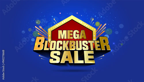Festive Diwali Navratri background with Mega Blockbuster sale logo design. Offer, shopping, Sparklers, fireworks, golden retro, 3d typography, lights on dark blue background.