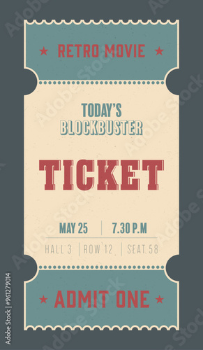 Vertical ticket template in vintage style in red and green colors on a beige background. For cinemas, concerts, parties, clubs, transportation and other projects. Just add your text.