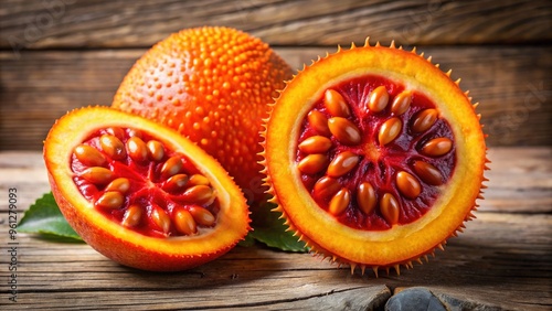 Vibrant orange gac fruit sliced in half, revealing bright red seeds and juicy pulp, arranged on a rustic wooden table with natural light illumination. photo