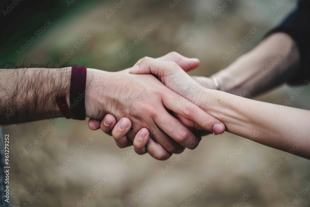 A powerful connection symbolizing love and support through the handshake of a man and a woman in a serene outdoor setting A powerful connection symbolizing love and support through the handshake of a man and a woman in a serene outdoor setting