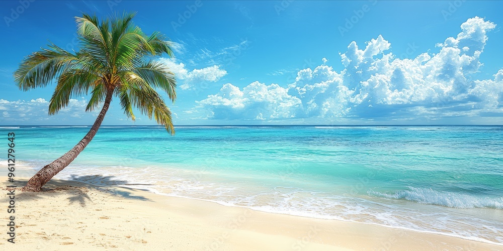 Idyllic Tropical Beach with Palm Tree and Clear Blue Sky Idyllic Tropical Beach with Palm Tree and Clear Blue Sky