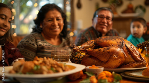 Close up of a Thanksgiving turkey on a table in the party with happy Hispanic family gathering together in the background. Background for the Thanksgiving seasonal celebration.