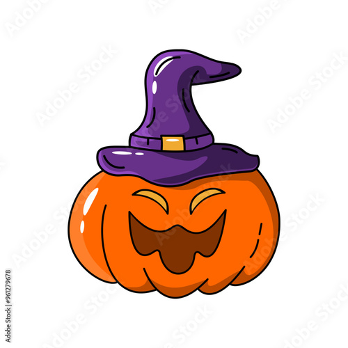 Vector pumpkin element wearing scary hat on Halloween day. Adorable Halloween festival element for decoration, print.