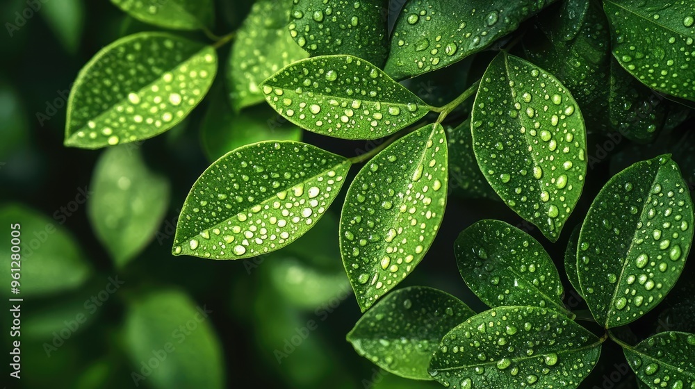 Fototapeta premium A close-up of lush green leaves with dew drops, creating a fresh and vibrant nature-themed background