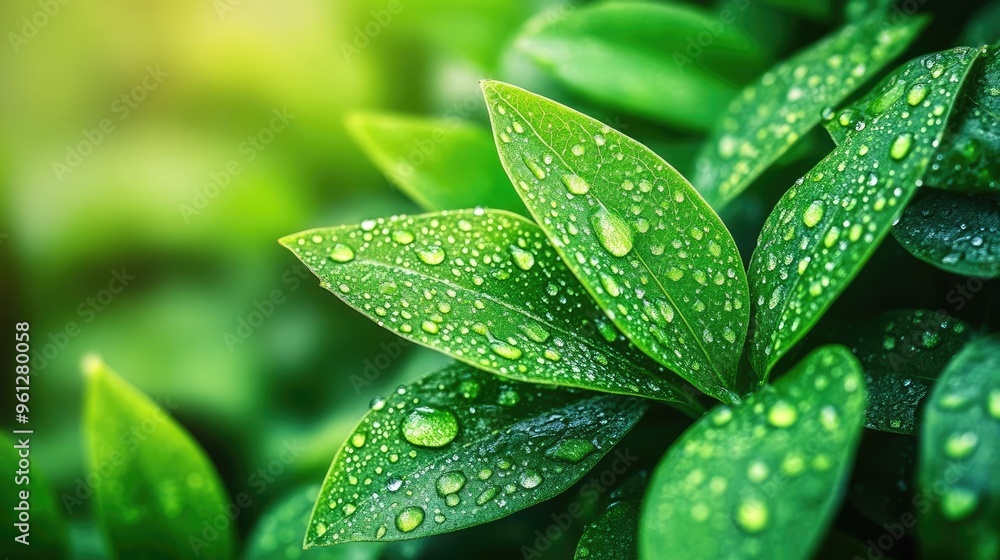 A close-up of lush green leaves with dew drops, creating a fresh and vibrant nature-themed background A close-up of lush green leaves with dew drops, creating a fresh and vibrant nature-themed background
