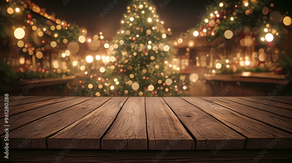 A close-up of a wooden table with a natural texture, set before a softly blurred Christmas tree glowing with festive lights, perfect for adding text or products against a cozy background. A close-up of a wooden table with a natural texture, set before a softly blurred Christmas tree glowing with festive lights, perfect for adding text or products against a cozy background.