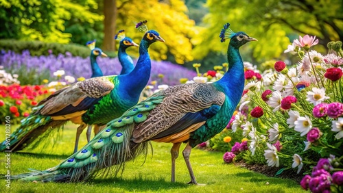 Wallpaper Mural Vibrant peahens with iridescent feathers and elegant plumage forage on lush green grass amidst blooming flowers in a serene and idyllic natural setting. Torontodigital.ca