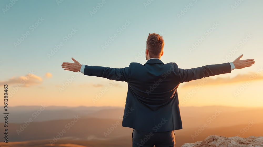 A powerful businessman standing on the cliff’s edge, arms outstretched, welcoming the sunrise. The golden light reflects determination, courage, and the optimism of new beginnings and opportunities. A powerful businessman standing on the cliff’s edge, arms outstretched, welcoming the sunrise. The golden light reflects determination, courage, and the optimism of new beginnings and opportunities.