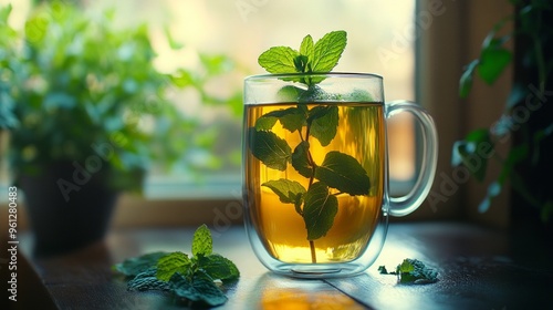 A fresh cup of herbal tea with mint leaves sitting by a window, surrounded by greenery, perfect for relaxation and wellness. photo