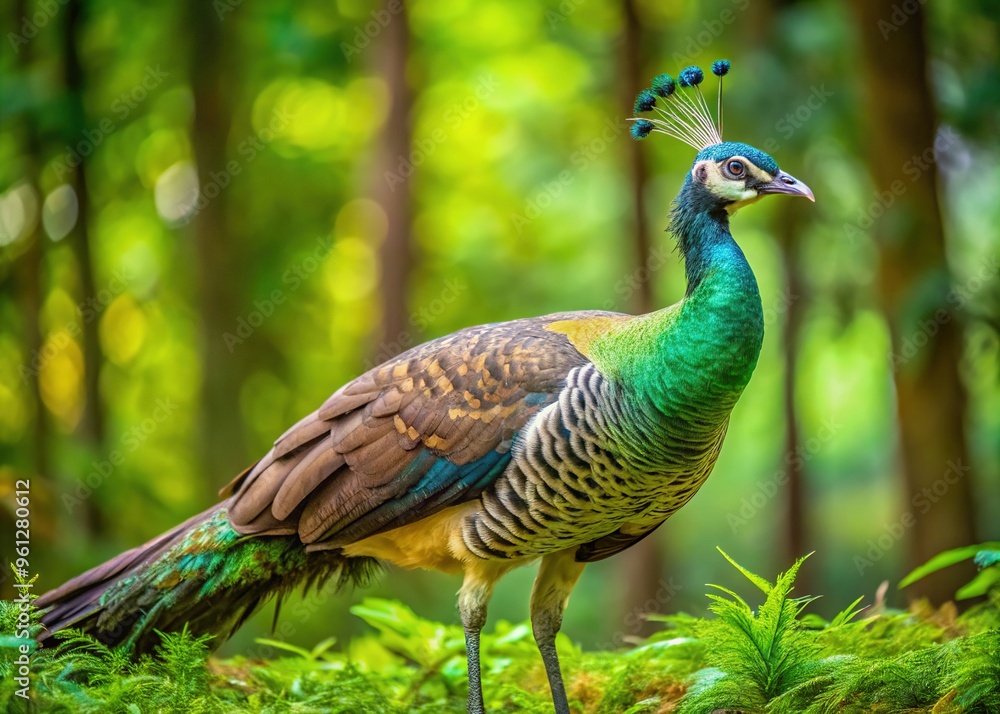 Vibrant peahen with iridescent feathers and intricate eye-like patterns on its plumage struts confidently across a lush green forest floor, showcasing its majestic beauty. Vibrant peahen with iridescent feathers and intricate eye-like patterns on its plumage struts confidently across a lush green forest floor, showcasing its majestic beauty.