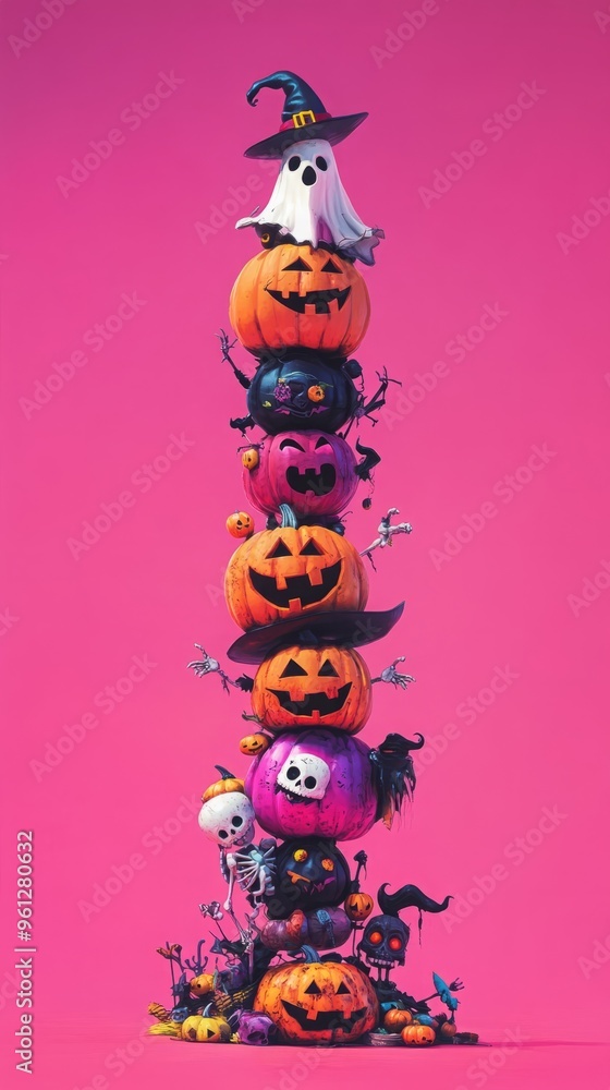 vertical stack of Halloween characters like ghost witch zombie pumpkin skeleton on grim background vertical stack of Halloween characters like ghost witch zombie pumpkin skeleton on grim background