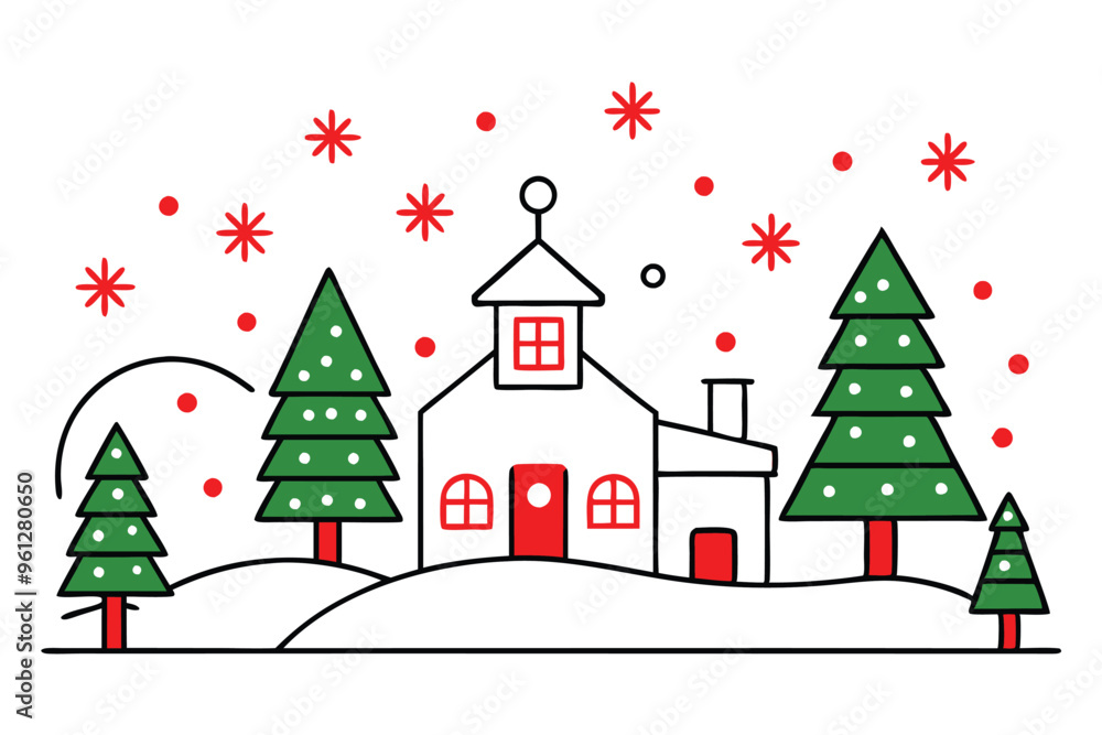 Christmas festive winter scene vector line art, clipart illustration with isolated on white background Christmas festive winter scene vector line art, clipart illustration with isolated on white background