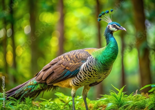 Vibrant peahen with iridescent feathers and intricate eye-like patterns on its plumage struts confidently across a lush green forest floor, showcasing its majestic beauty. photo