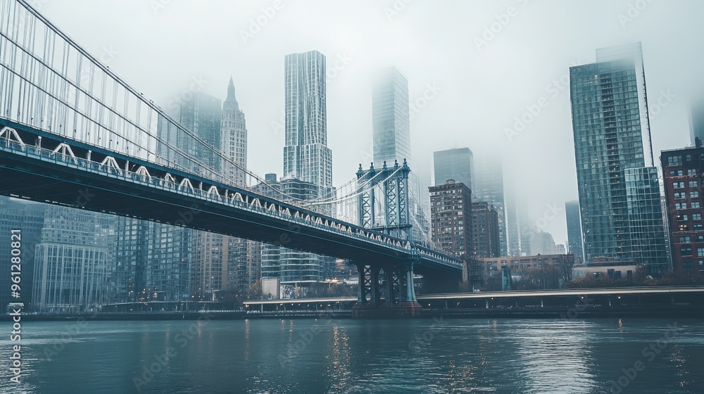 Obraz premium A city skyline with a bridge in the foreground, showcasing the connection between different parts of the city.