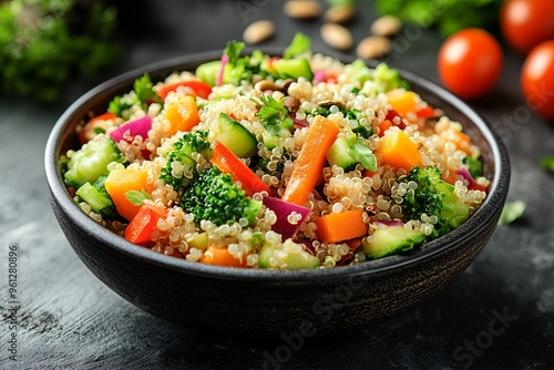 Vibrant quinoa salad featuring fresh vegetables, perfect for a healthy meal or side dish rich in nutrients and flavors.